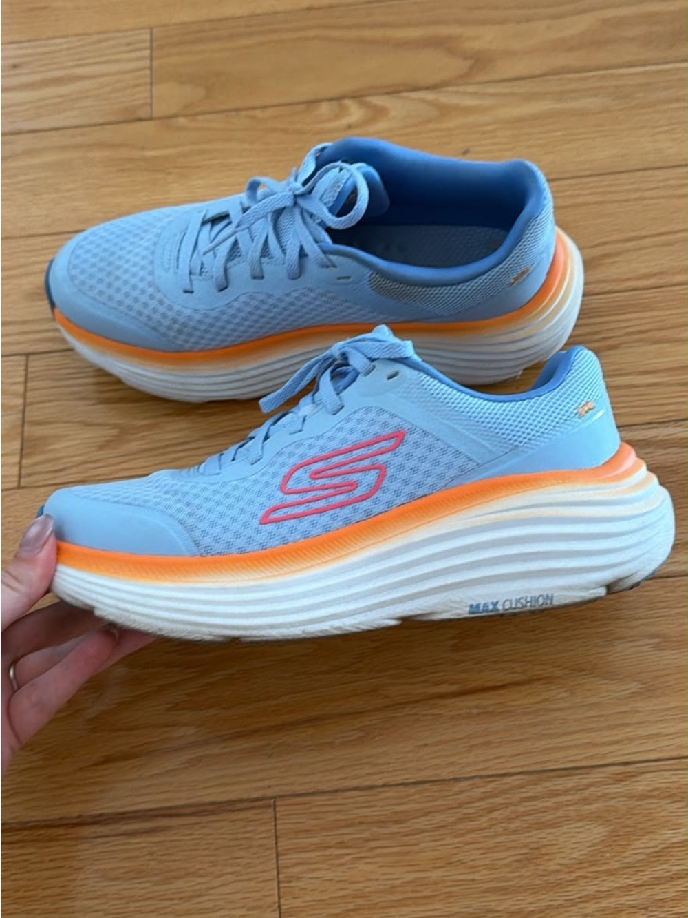 Skechers Light Blue and Orange Comfort-Drive Sneakers max cushion size 7